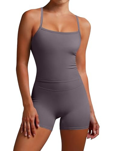 ANRABESS Women Workout Sets Build in Bra 2 Piece Outfits Tank Tops Tummy Control Shorts Yoga Gym Active Wear Clothing Set Dark Grey Medium | Amazon (US)
