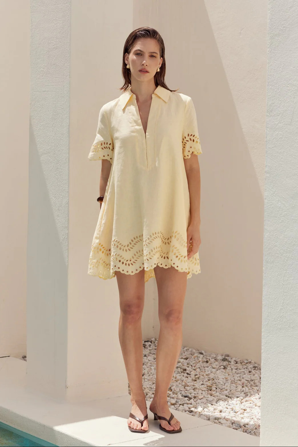 Eyelet Trim Linen Mini Dress | English Factory