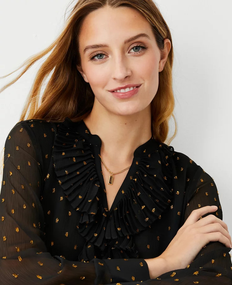 Shimmer Clip Dot Pleated Ruffle Blouse | Ann Taylor (US)