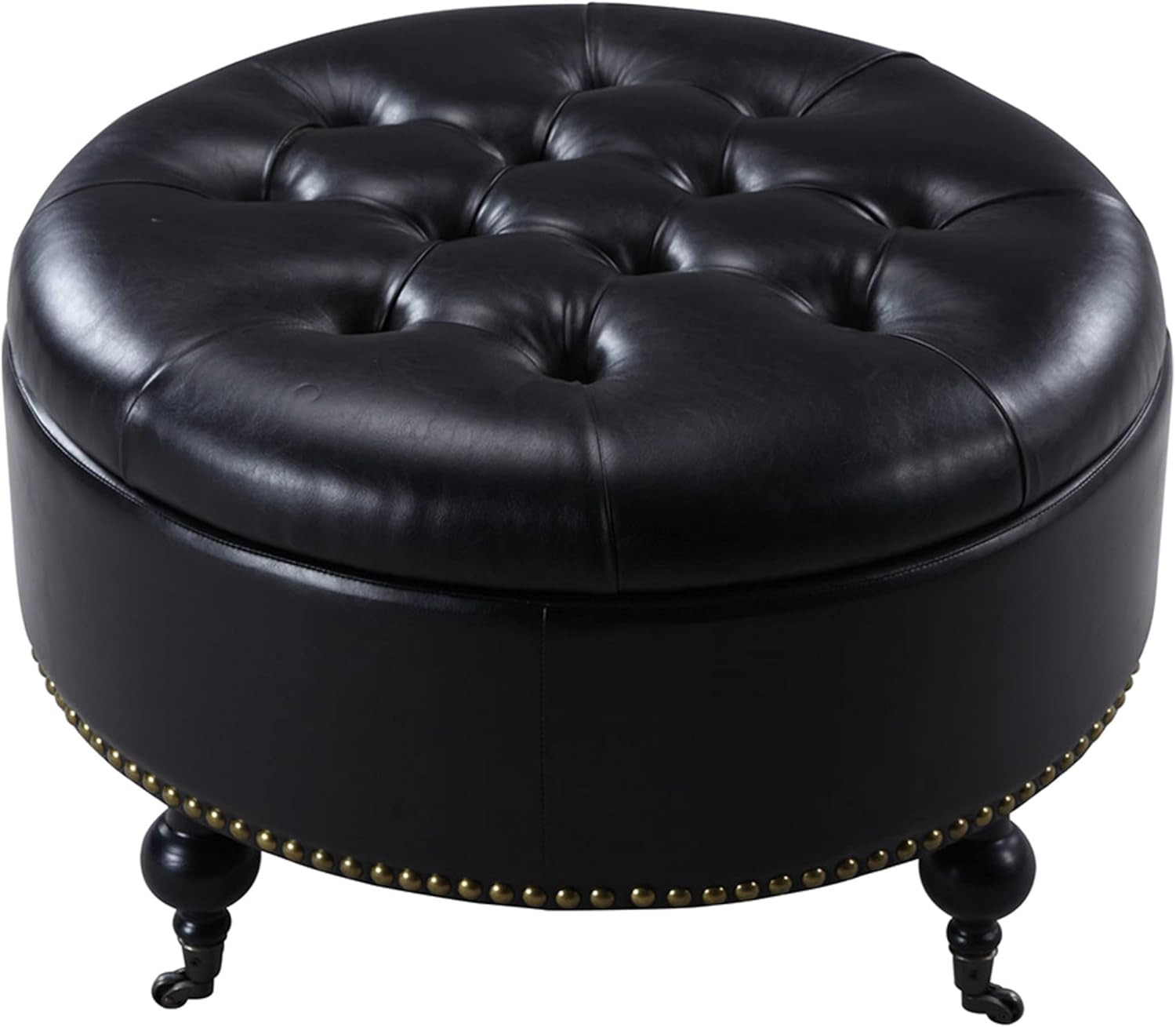 Iconic Home Black Mona PU Button Tufted with Gold Nail head Trim Castered Legs Round Ottoman | Amazon (US)