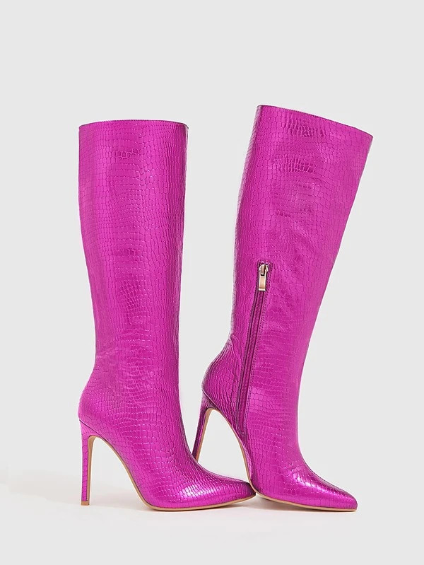 CUCCOO Trending Crocodile Embossed Point Toe Stiletto Heeled Classic Boots | SHEIN