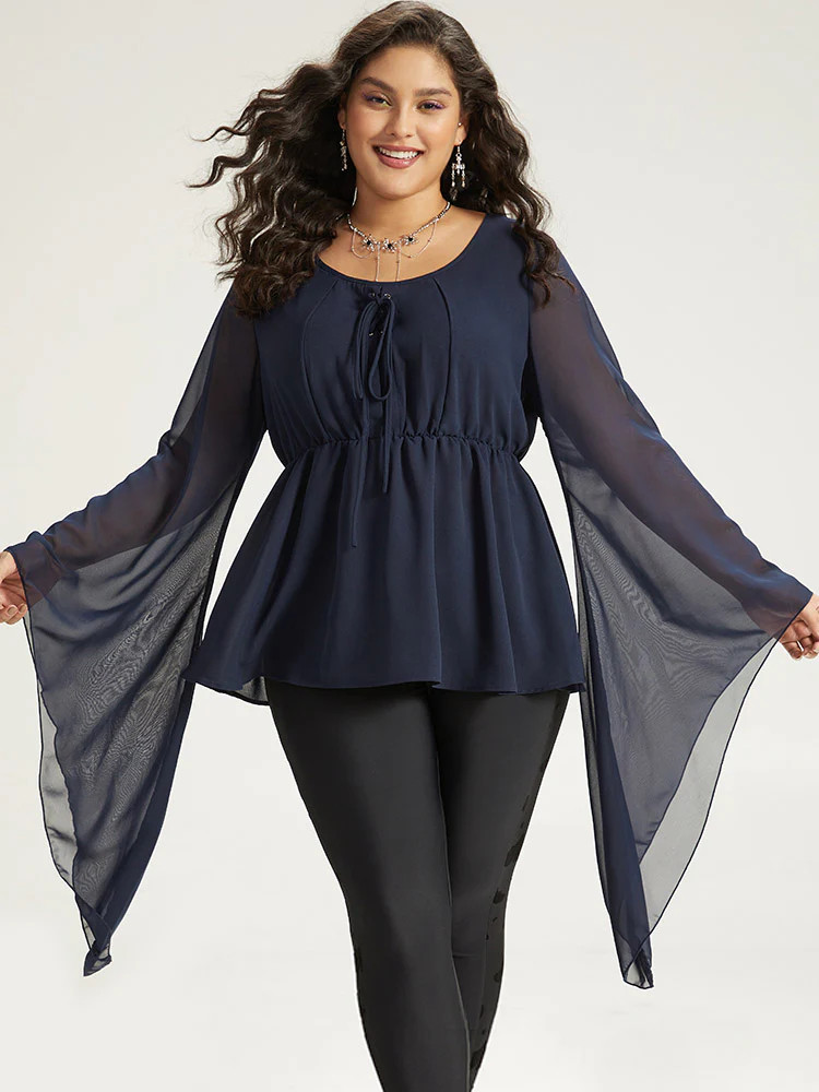 Halloween Solid Bell Sleeve Mesh Lace Up Blouse | Bloomchic