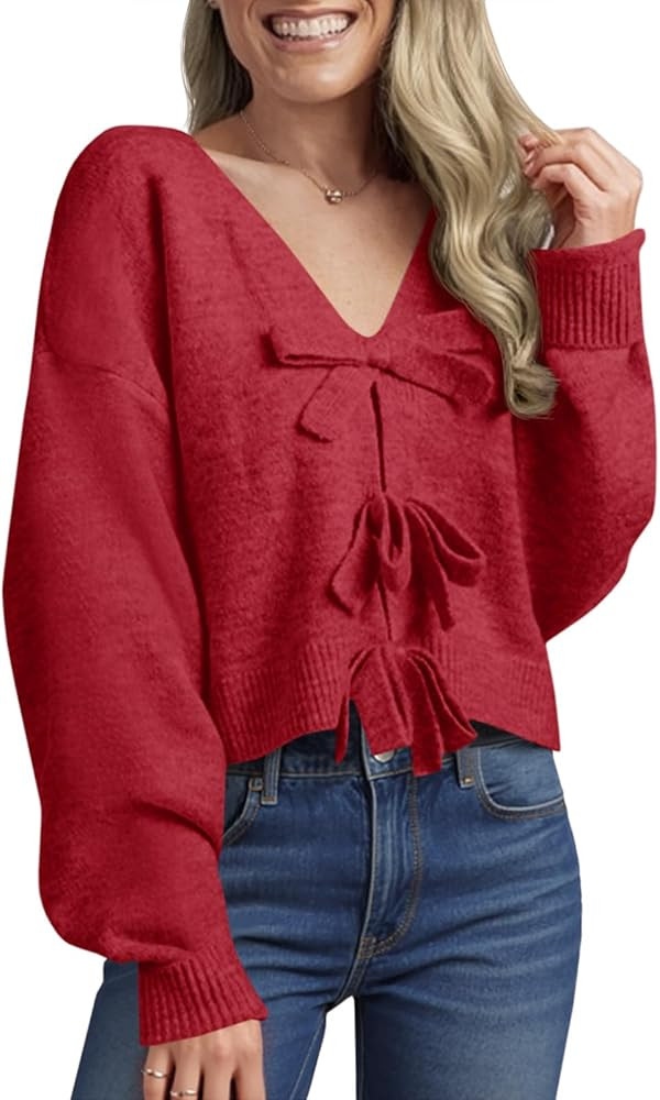 Saodimallsu Womens Bow Sweater Cropped V Neck Long Sleeve Fall Cozy Knit Loose Trendy Pullover Sw... | Amazon (US)