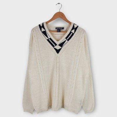 Nautica Vintage White Cable Knit V-Neck Sweater Geometric Trim Men’s Large | eBay US