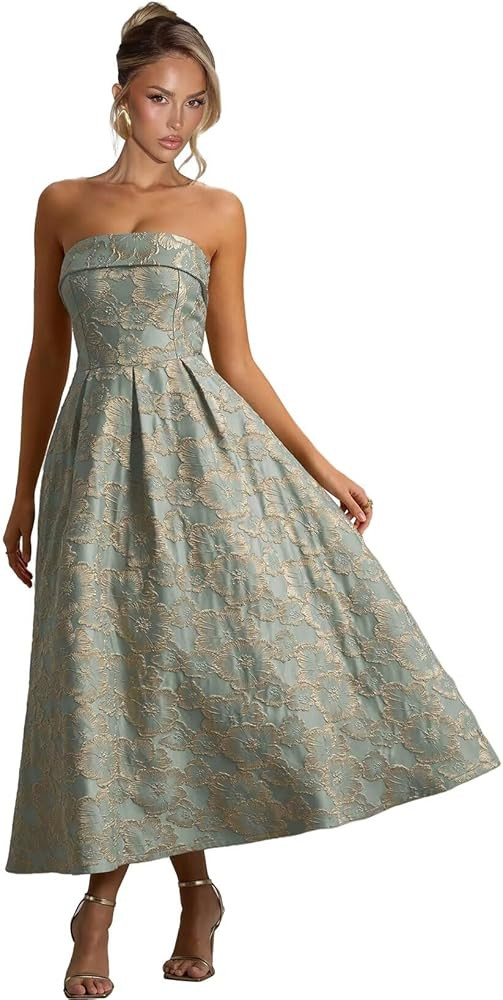 Jacquard Satin Bridesmaid Dresses for Women Strapless Midi Wedding Guest Dress A Line Formal Even... | Amazon (US)