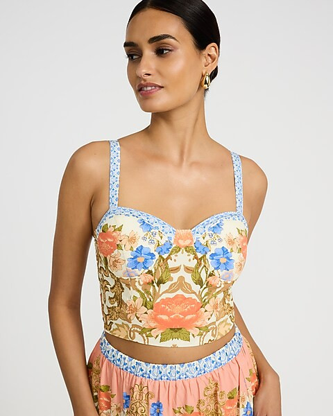 Poplin Printed Sweetheart Smocked Back Cropped Cami | Express