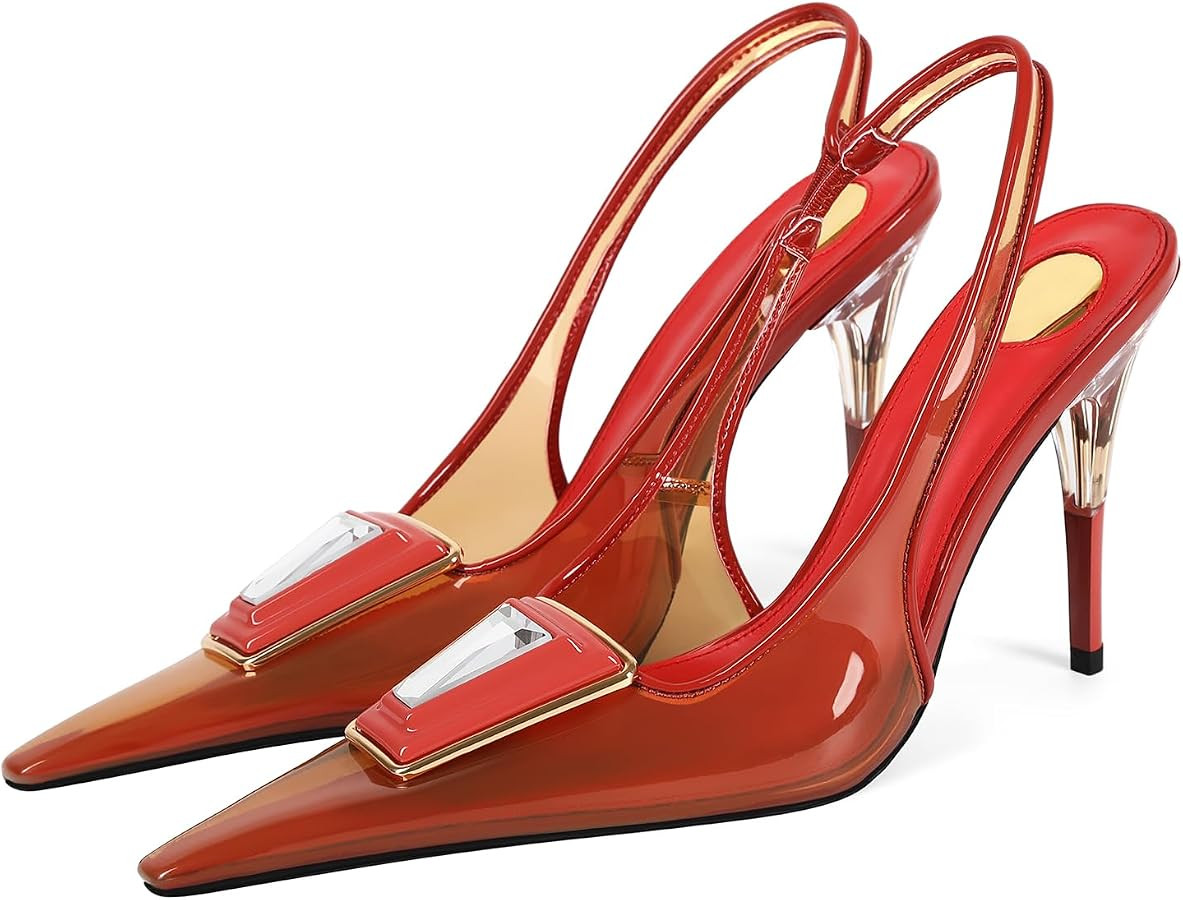 Women's Jelly Clear Slingback Heels Pointed Toe Stiletto Rhinestone Pumps | Amazon (US)
