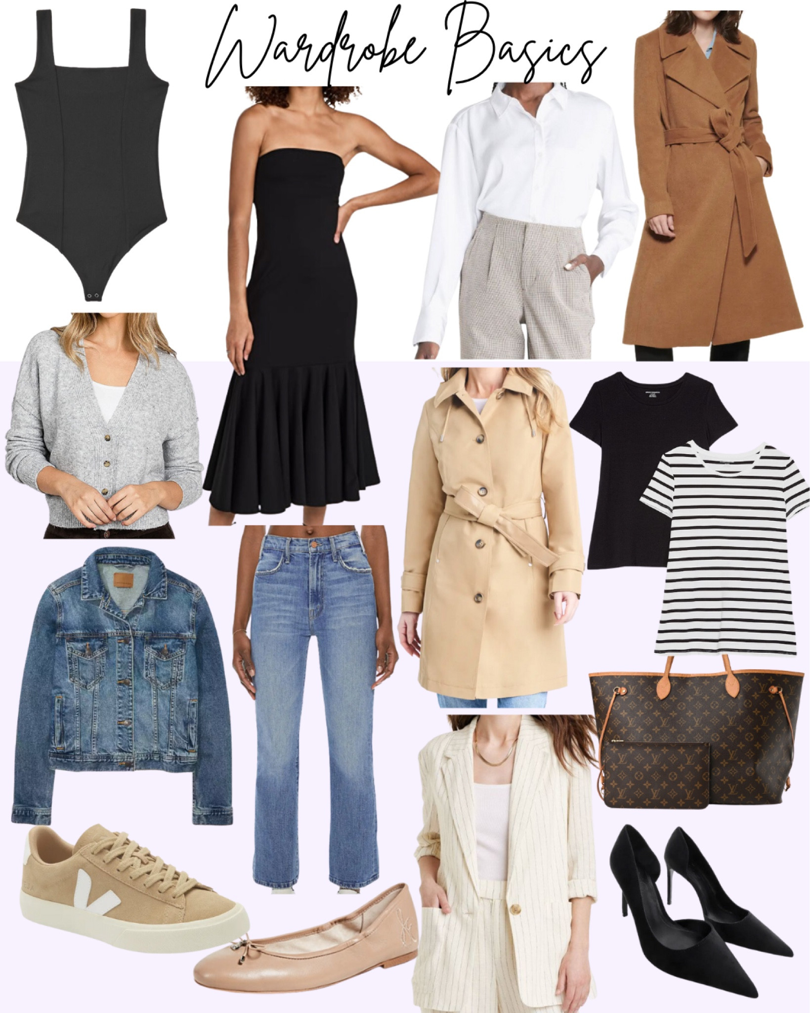 Wardrobe basics, bodysuit, maxi dress, white button down, trench coat, cardigan, jean jacket, jeans, veja, sneakers, ballet flats, blazer, heels, tees

#LTKSeasonal #LTKstyletip #LTKunder100