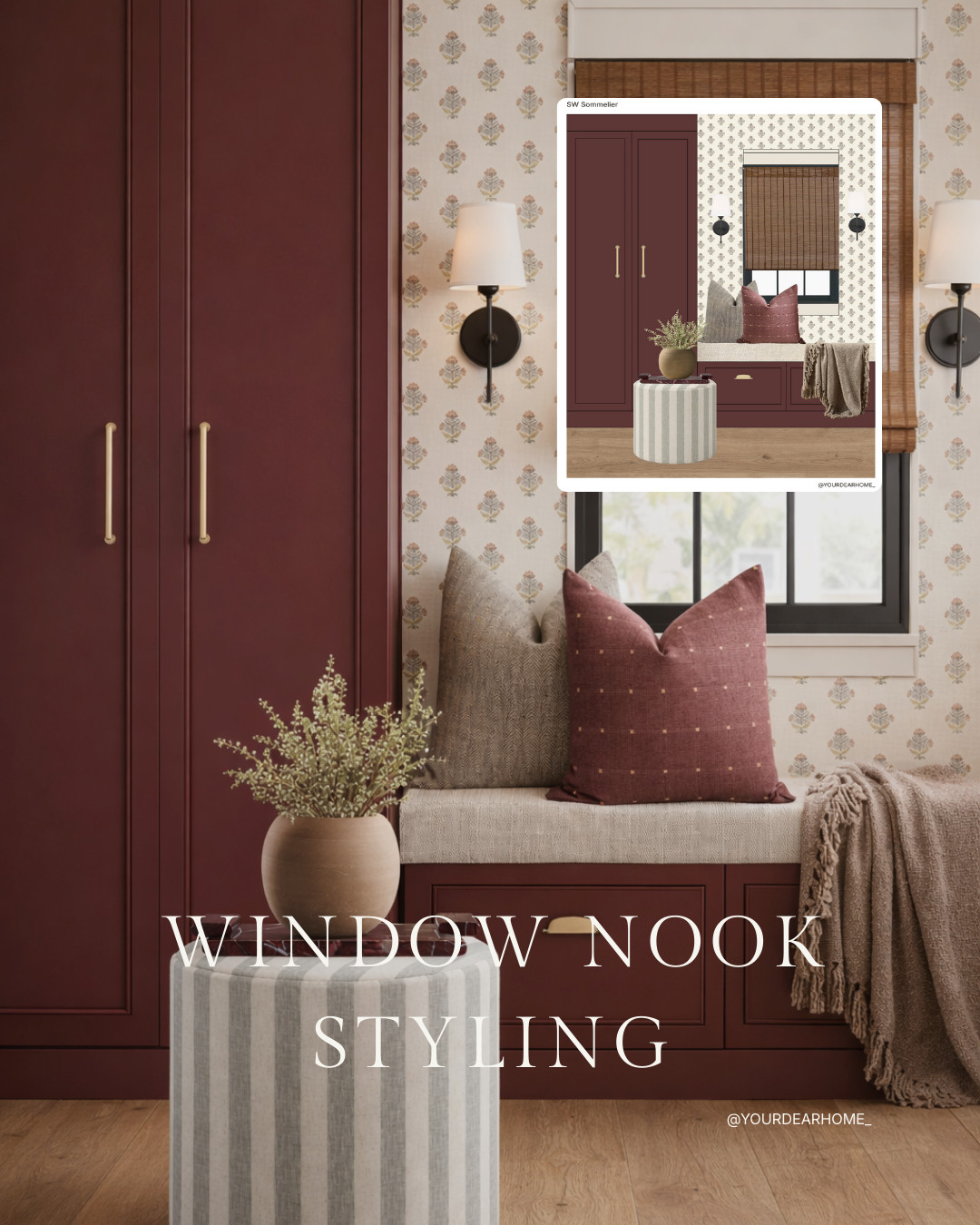 I love how this Sommelier cabinet color grounds the entire space. The wallpaper has tones of burgundy that pairs so well with it and the pattern itself is dreamy! Perfectly styled, I can see myself sitting there watching the golden hour everyday! 

 #LTKHome