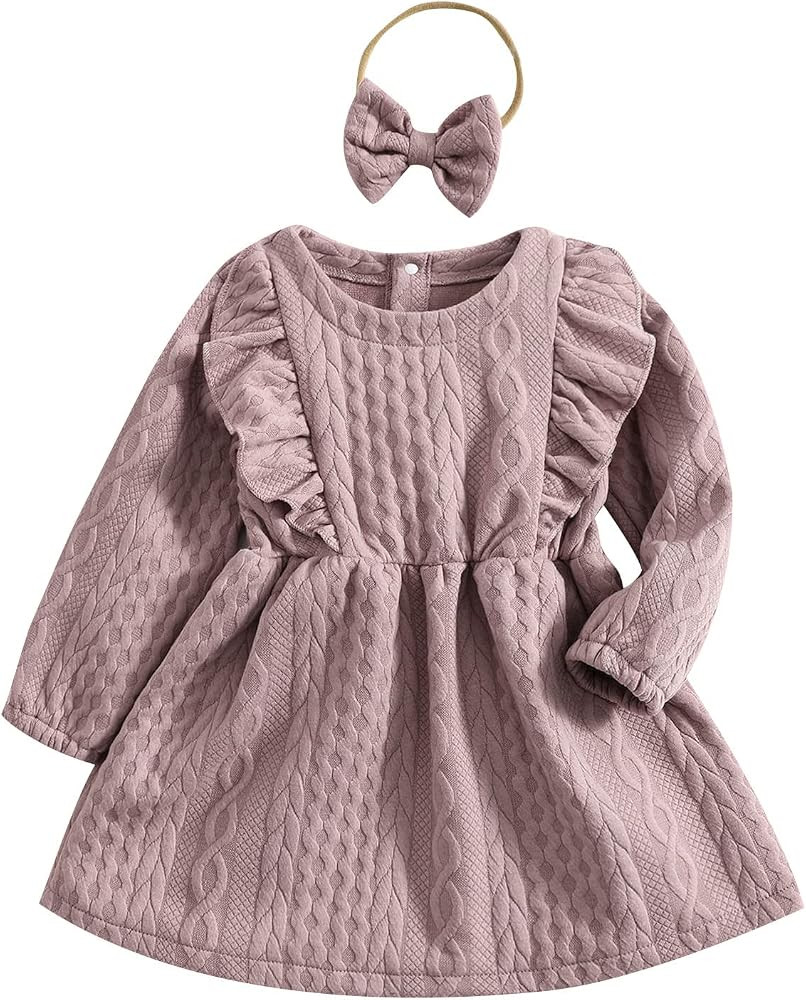 Baby Girl Knit Dress Long Sleeves Sweater Dress Toddler Fall Winter Outfits with Bowtie | Amazon (US)