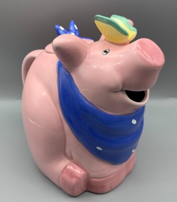 Vintage Coco Dowley Ceramic Pink Pig with Butterfly and Blue Scarf Teapot | eBay US