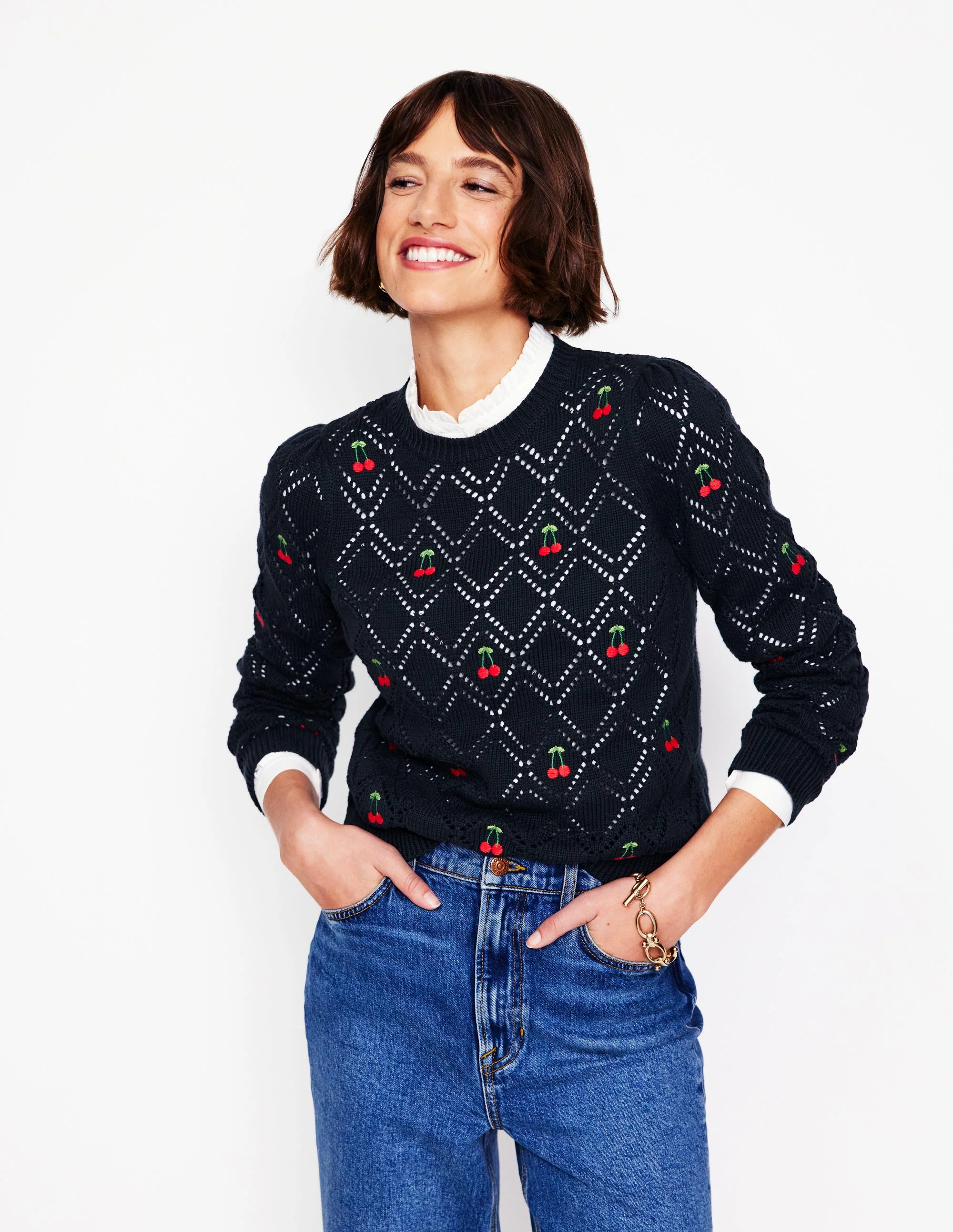 Enid Embroidered Sweater-Navy, Cherries | Boden (US)
