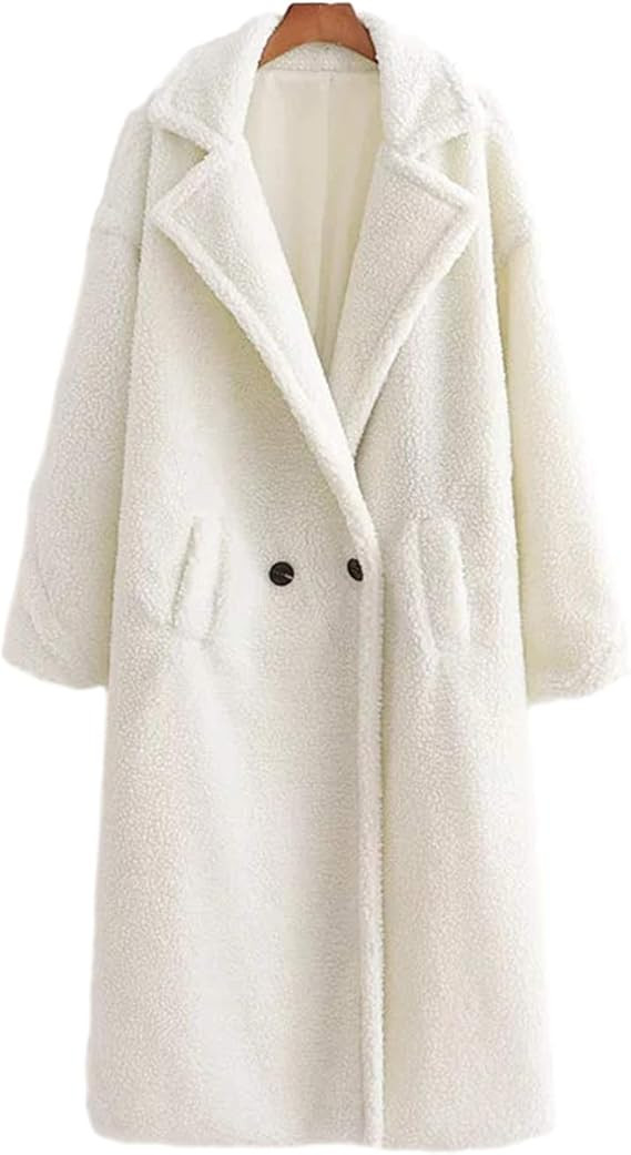 Omoone Women's Fuzzy Fleece Wool Blend Solid Lapel Double Breasted Long Coat Overcoat | Amazon (US)