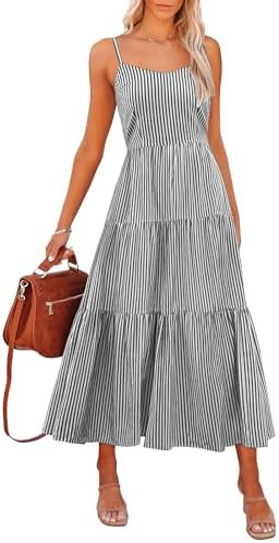 ANRABESS Womens Summer Midi Dresses Casual Striped Plaid Sleeveless Flowy Maxi Dress 2026 Beach V... | Amazon (US)