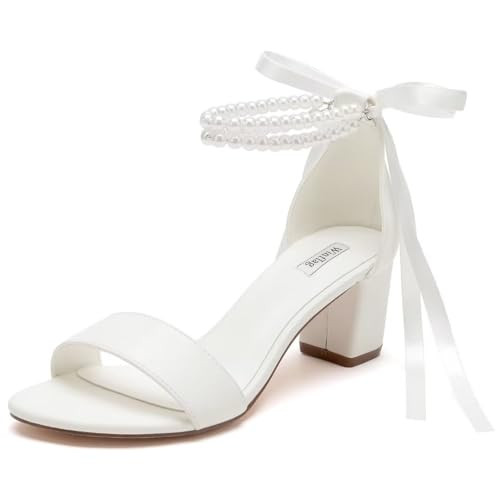 Pearl Wedding Shoes Open Toe Block Heel Wedding Sandals Chunky Heel Bridal Shoes-Ivory-8.5 | Amazon (US)