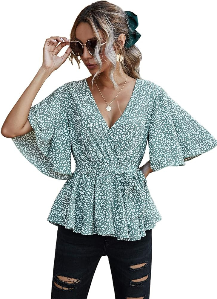 Romwe Women's Half Sleeve Wrap V Neck Belted Ruffle Hem Peplum Blouse Tops | Amazon (US)
