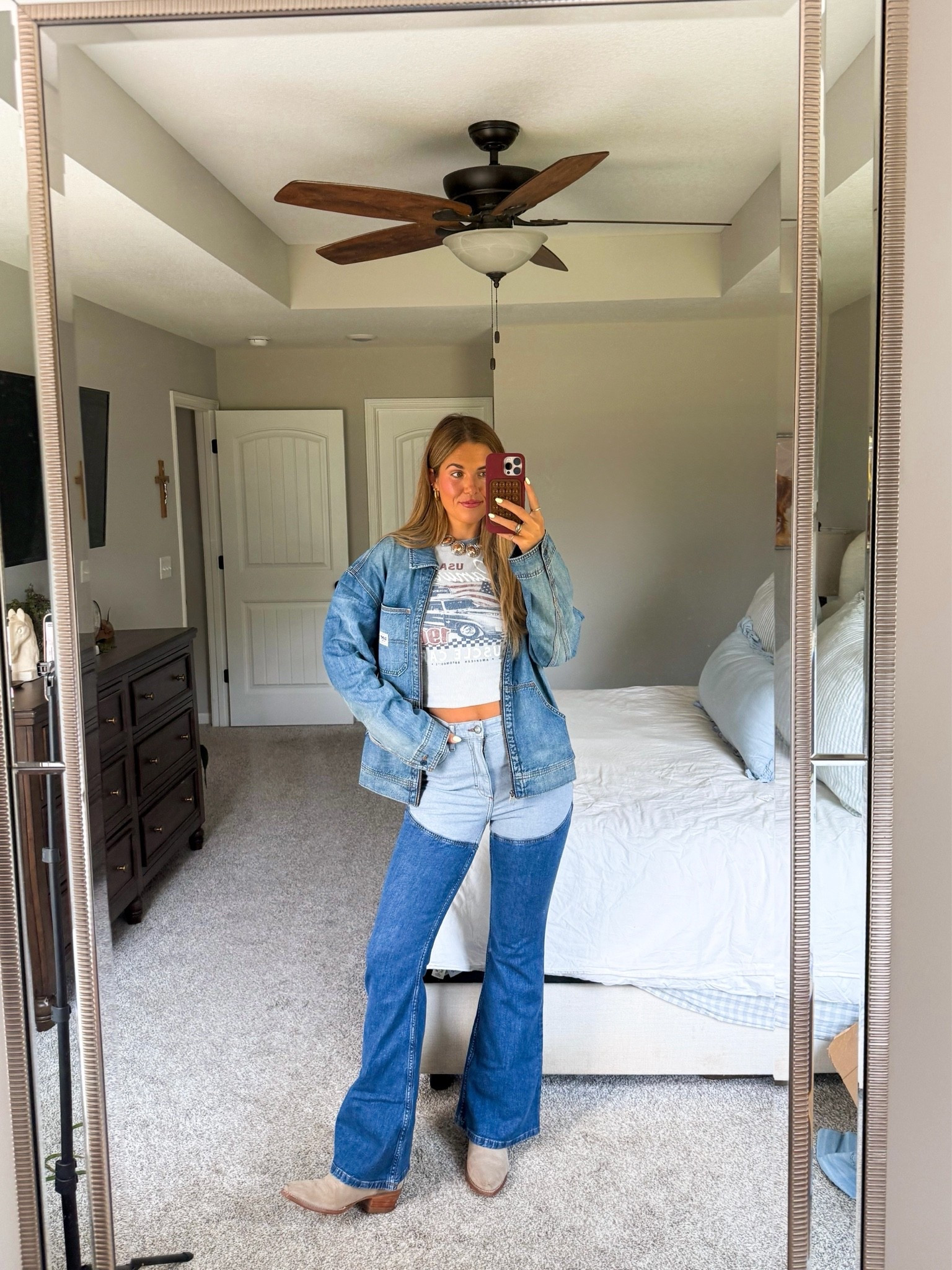 walmart! size up 1 size in jeans! they run small. i’m 5’10 and they just barely work length wise! jacket is men’s, i did a medium but need a size small. size down half size in boots. tank true to size

#LTKootd #LTKgrwm #LTKSeasonal