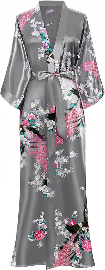 BABEYOND Women's Kimono Robe Long Satin Robes with Peacock and Blossoms Printed Kimono Nightgown | Amazon (US)