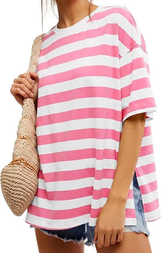 Tankaneo Womens Oversized Tshirts Summer Casual Short Sleeve Crew Neck T Shirt Loose Fit Side Sli... | Amazon (US)