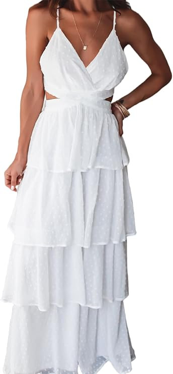 Glamaker Women Sexy V Neck Cut Out Maxi Dress Sleeveless Summer Boho Ruffle Beach Long Dress | Amazon (US)
