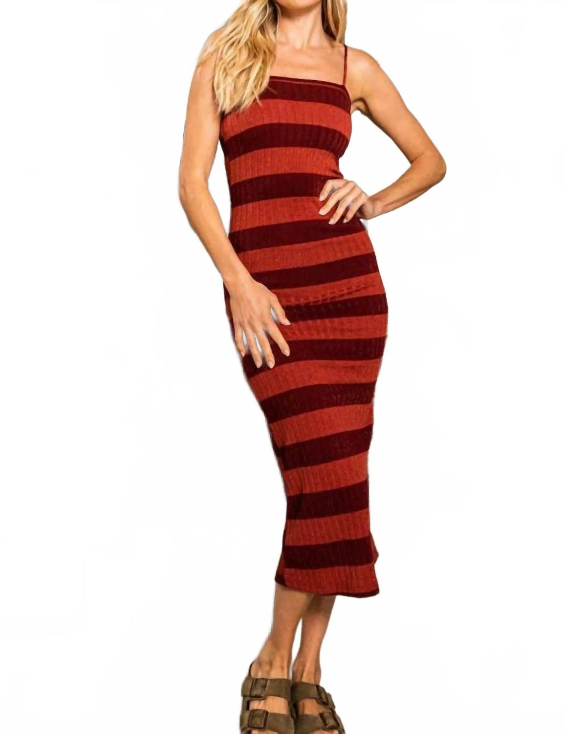 Stripe Print Ribbed Bodycon Long Dress In Rust | Shop Simon