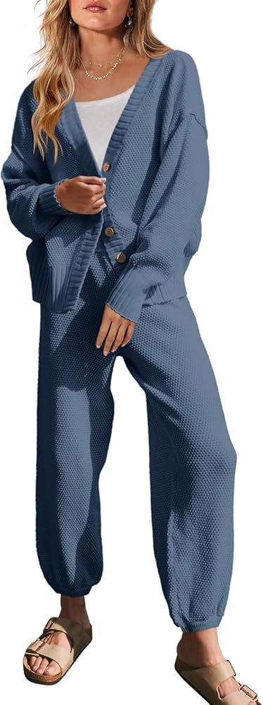 Yanekop Womens Two Piece Outfits V Neck Button Down Cardigan Sweater Sets Cozy Knit Loungewear Se... | Amazon (US)