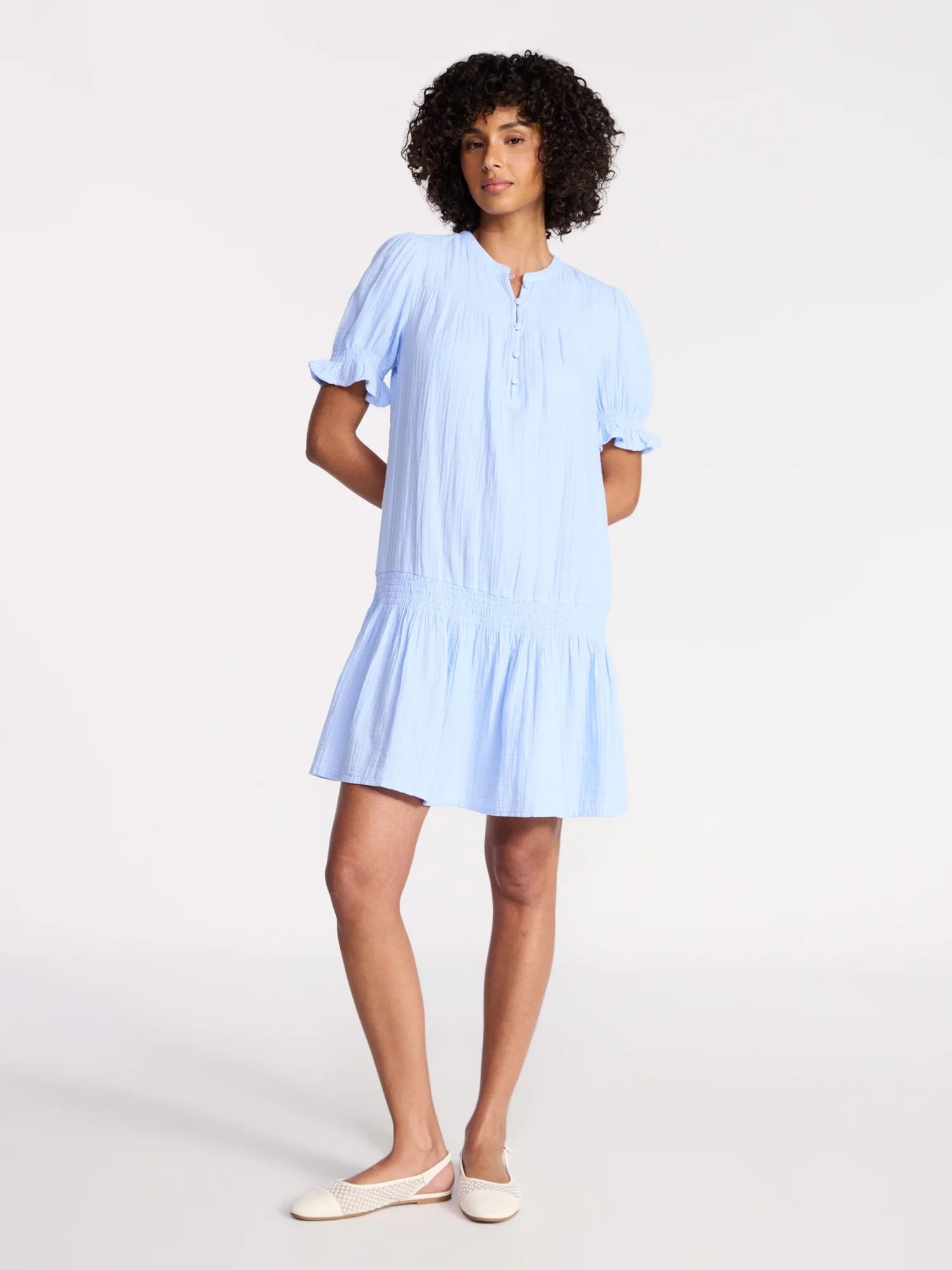 Time and Tru Women's Cotton Double Cloth Mini Dress with Drop Waist, Sizes XS-XXXL | Walmart (US)