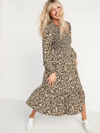 Long-Sleeve Fit & Flare Smocked Midi Dress for Women | Old Navy (US)