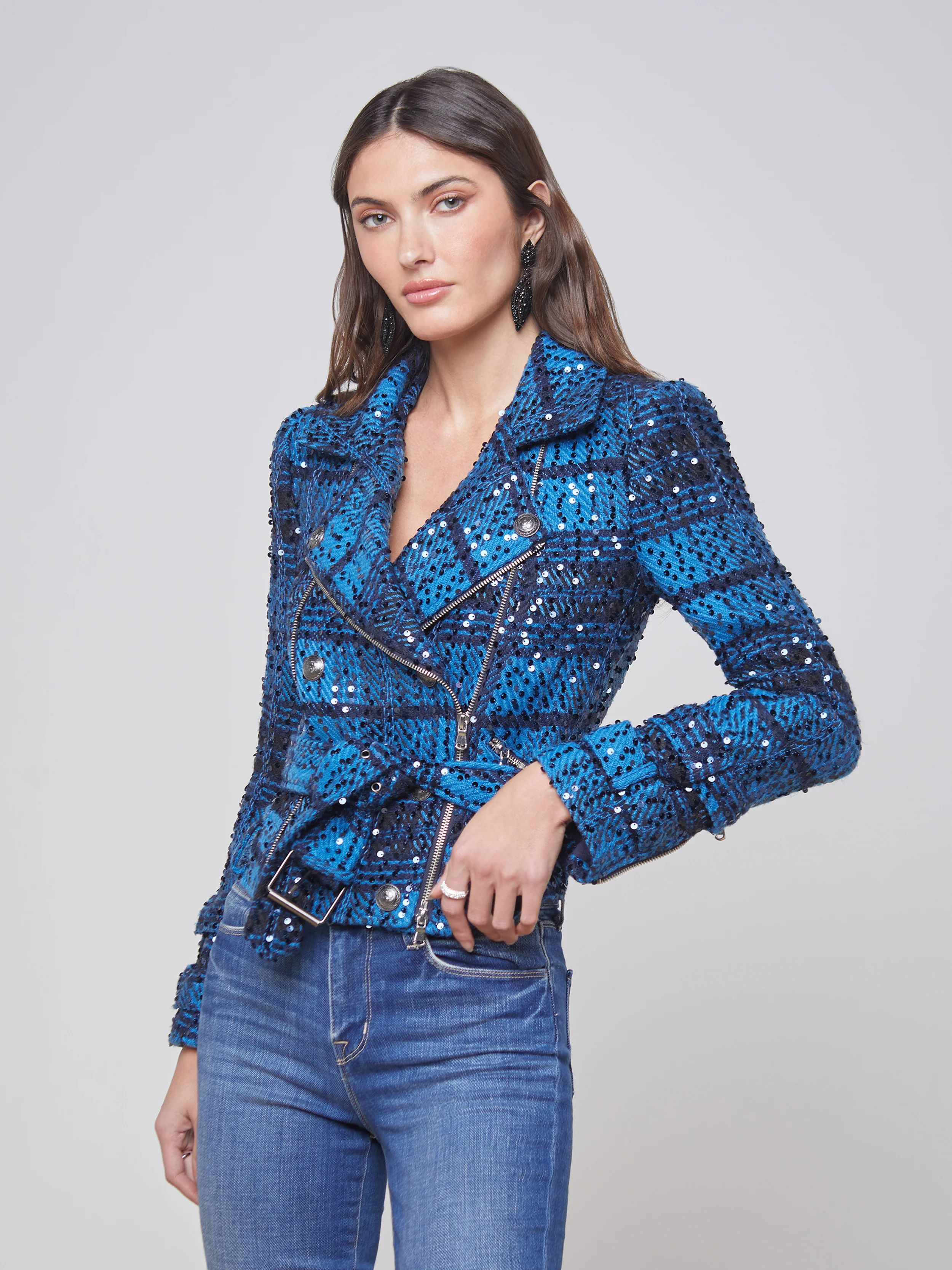 L'AGENCE Billie Belted Sequin Jacket in Cobalt Multi Tweed | L'Agence