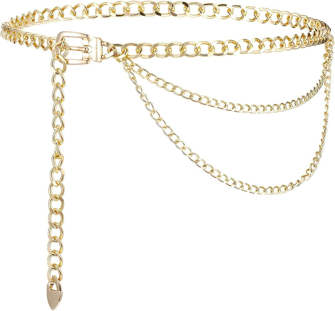 Metal Waist Chain Belt for Women, Punk Waist Chain Gold Metal Belt Adjustable Body Link Belts Lon... | Amazon (US)