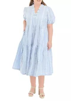 Plus Size Short Sleeve Yarn Dyed Ruffle Neck Midi Dress | Belk