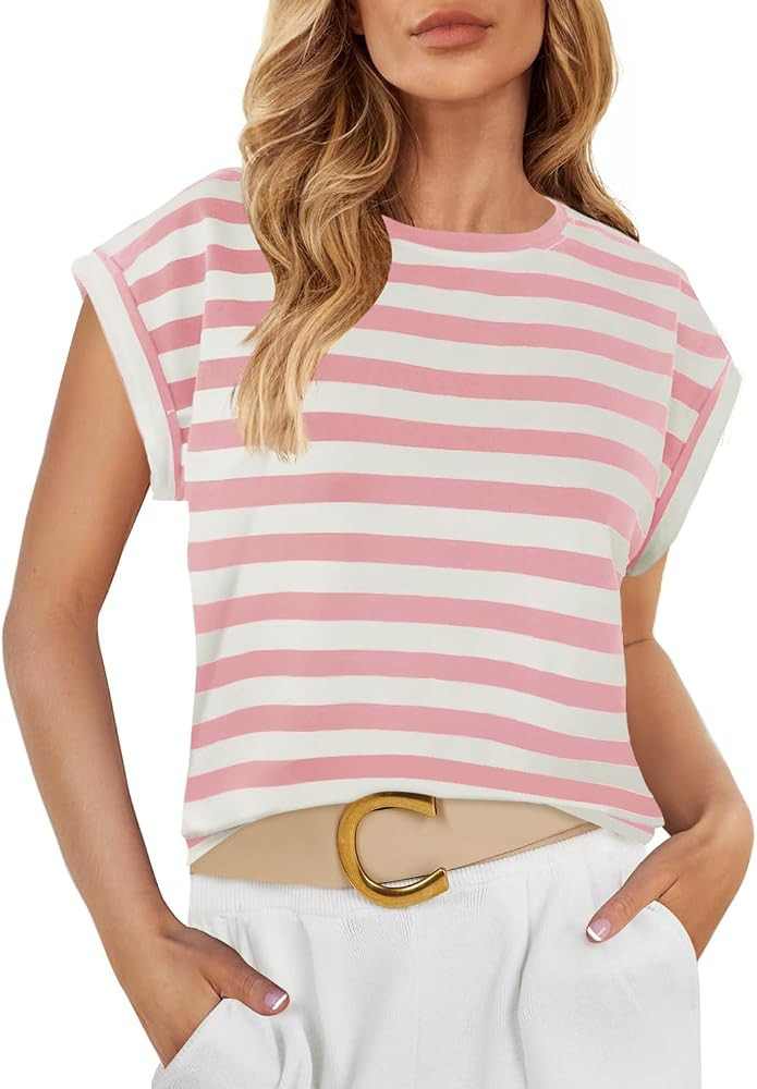 ZESICA Womens Summer Cap Sleeve Crewneck Tops Casual Loose Striped T-Shirts Basic Tees | Amazon (US)