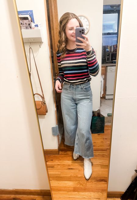 Striped sweater and cropped wide leg jeans outfit 🌈 

Casual outfit, spring sweater, colorful sweater, sweater and jeans 

#LTKsalealert #LTKstyletip #LTKfindsunder50