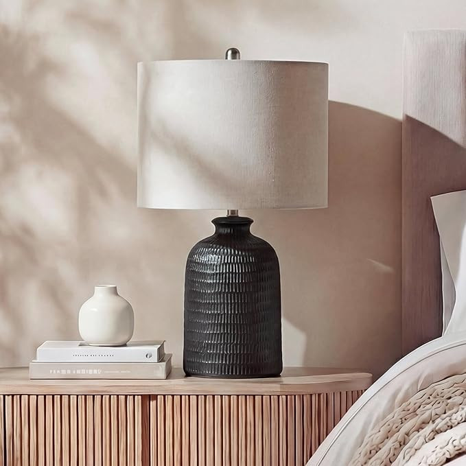Nourison Home 24" Black Textured Ceramic Table Lamp with Tan Linen Shade, Rustic Farmhouse Accent... | Amazon (US)