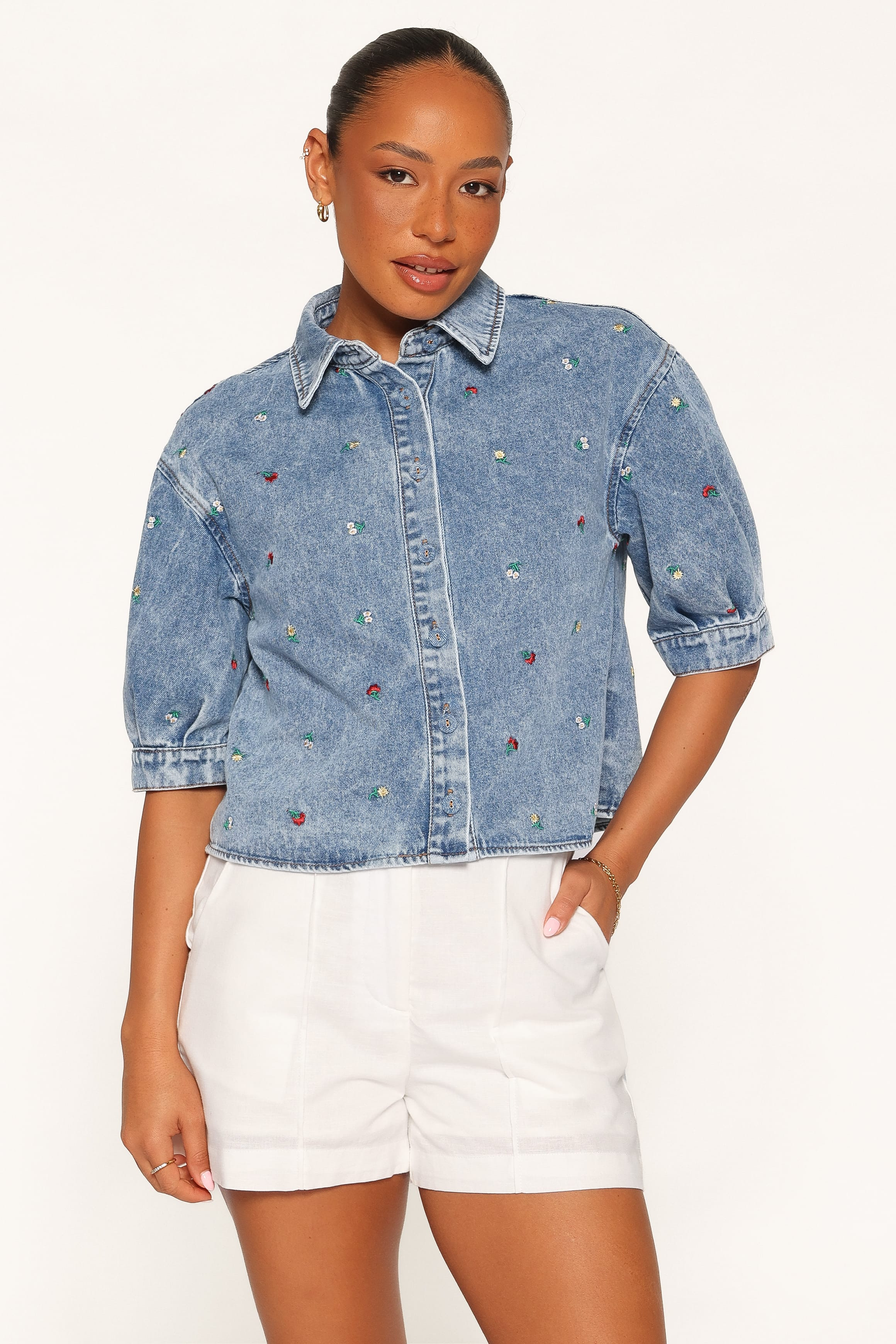 Nerys Embroidered Shirt - Medium Wash | Petal & Pup (US)