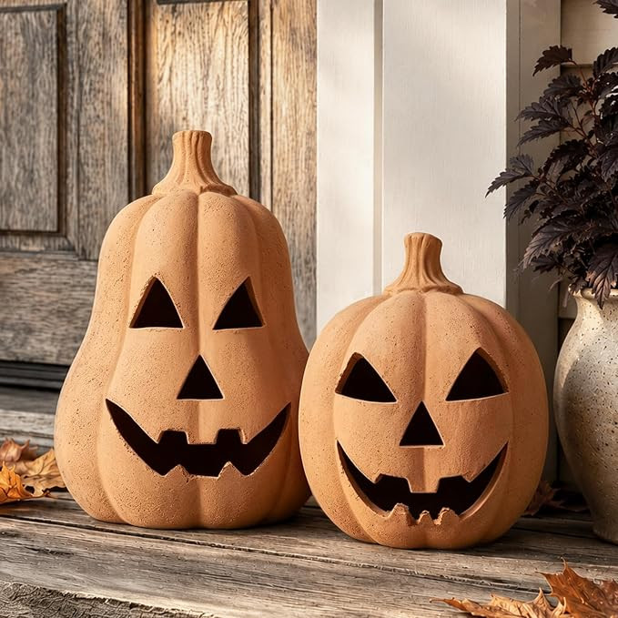 Halloween Decorations, Set of 2 Handmade Terracotta Jack O' Lanterns | Cozy Fall Decor for Home, ... | Amazon (US)