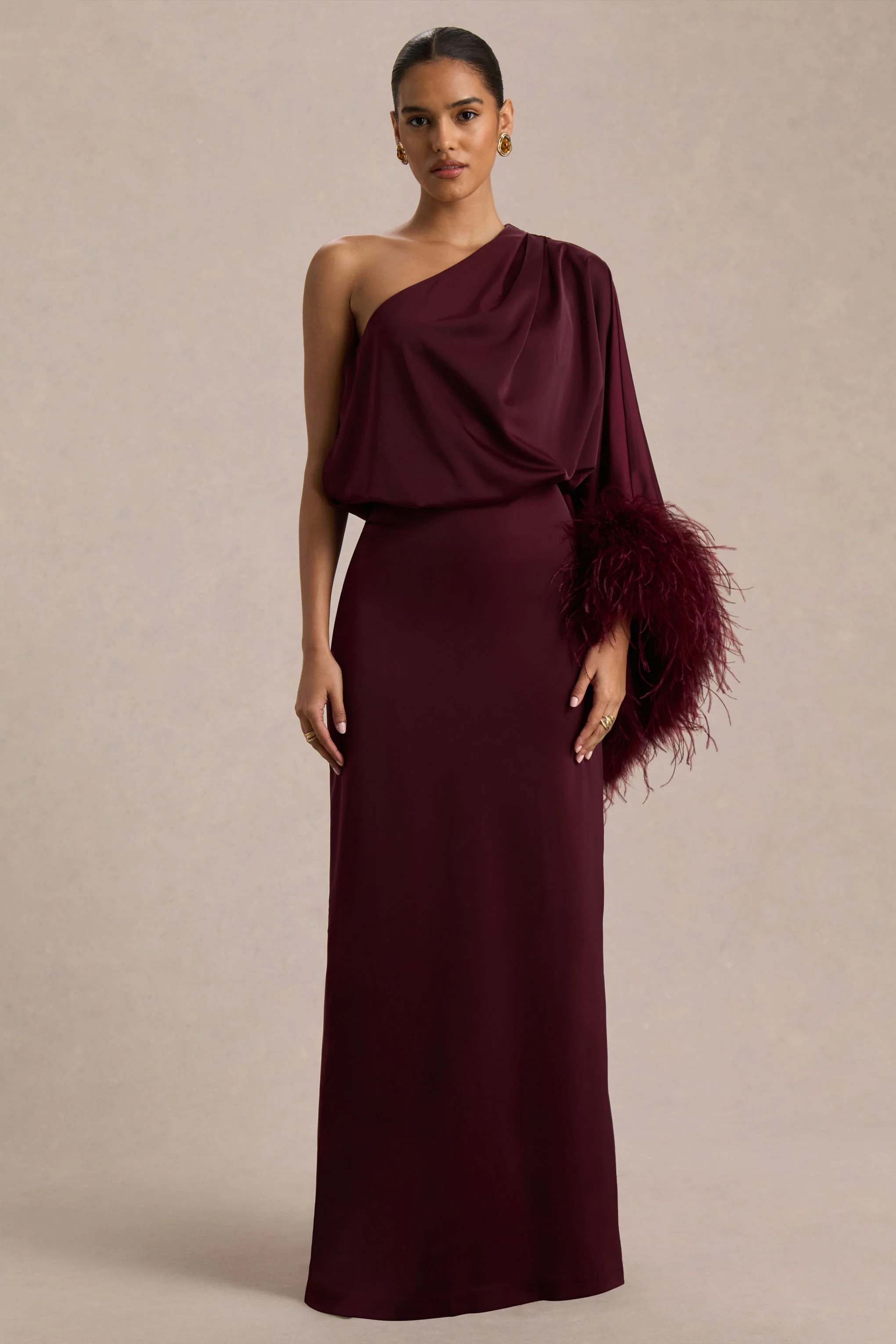 Felicity | Burgundy Satin Asymmetric-Neck Maxi Dress With Feather Detailing | Club L London