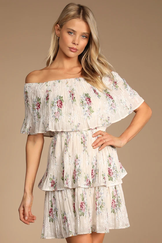Tea for Two Beige Floral Eyelet Tiered Off-the-Shoulder Dress | Lulus (US)