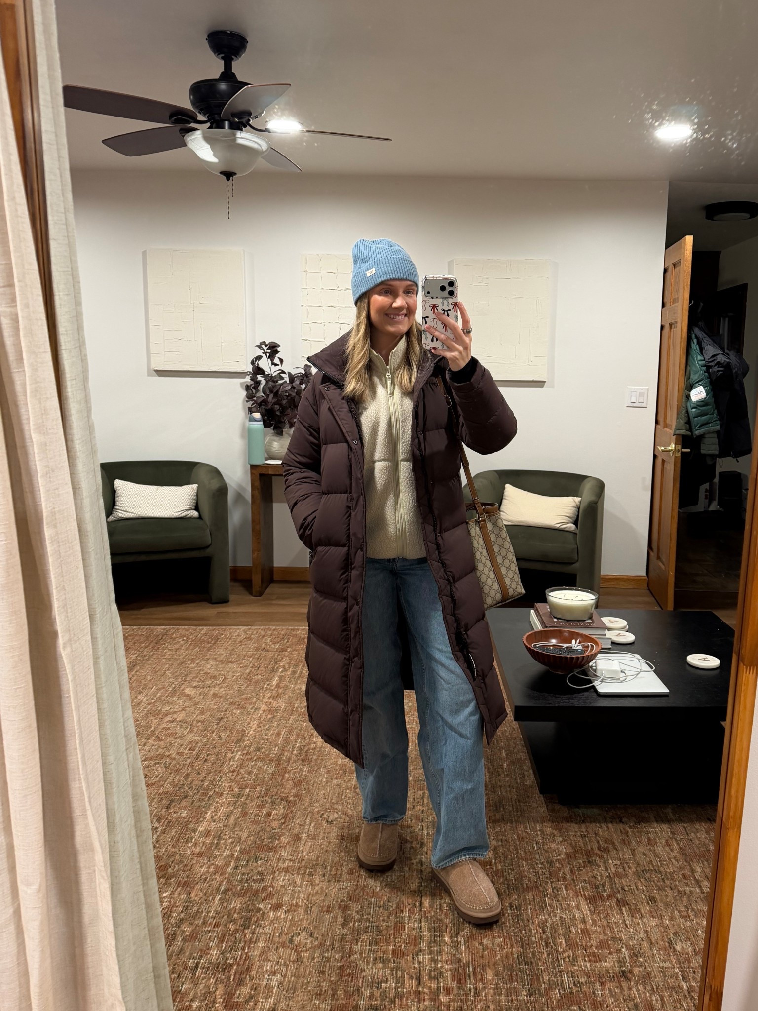 Dressed up warm to go out and about! Aritzia super puffs are my favorite winter jackets! Wearing a size xs.
Tna polarfleece size small 
Denim forum jeans size 25 tts
Ugg slippers size 8 tts 

Winter outfit, winter style, winter coat, brown jacket, light blue beanie, women’s winter style

#LTKHoliday #LTKdayinmylife #LTKootd