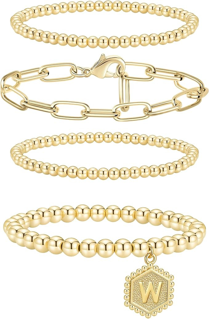 Shownee Gold Beaded Bracelets for Women Set Stackable Bead Bracelet 14K Gold Plated Chunky Stretc... | Amazon (US)