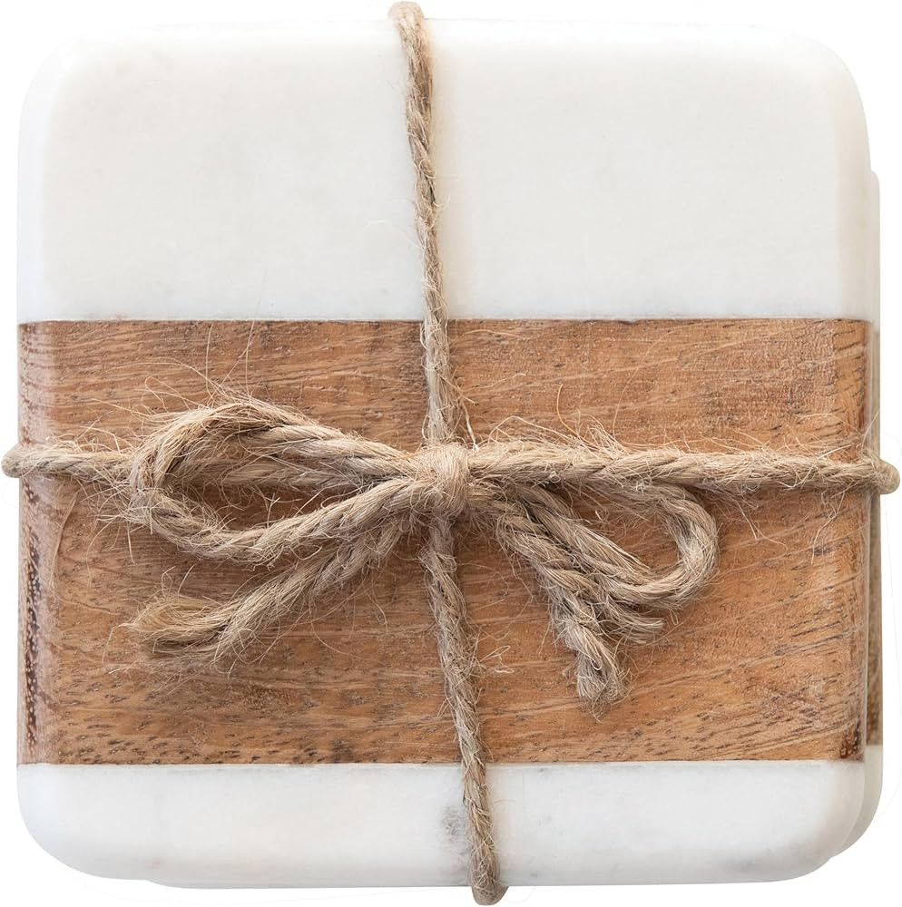 Creative Co-Op Marble & Acacia Wood, White & Natural, Set of 4 Coaster, 4" | Amazon (CA)