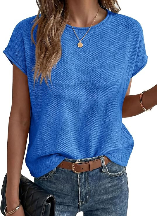 Saodimallsu Womens Summer Cap Sleeve Tops 2026 Waffle Knit Going Out Casual Loose Crew Neck Light... | Amazon (US)