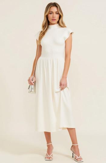 Mock Neck Cap Sleeve Knit Midi Dress with Elastic Waist Detail | Nordstrom