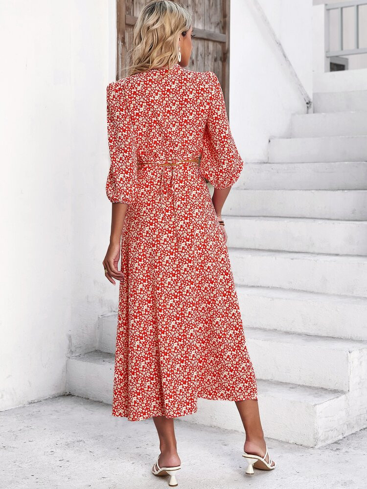 Ditsy Floral Lantern Sleeve Wrap Top And Knot Side Skirt Set | SHEIN