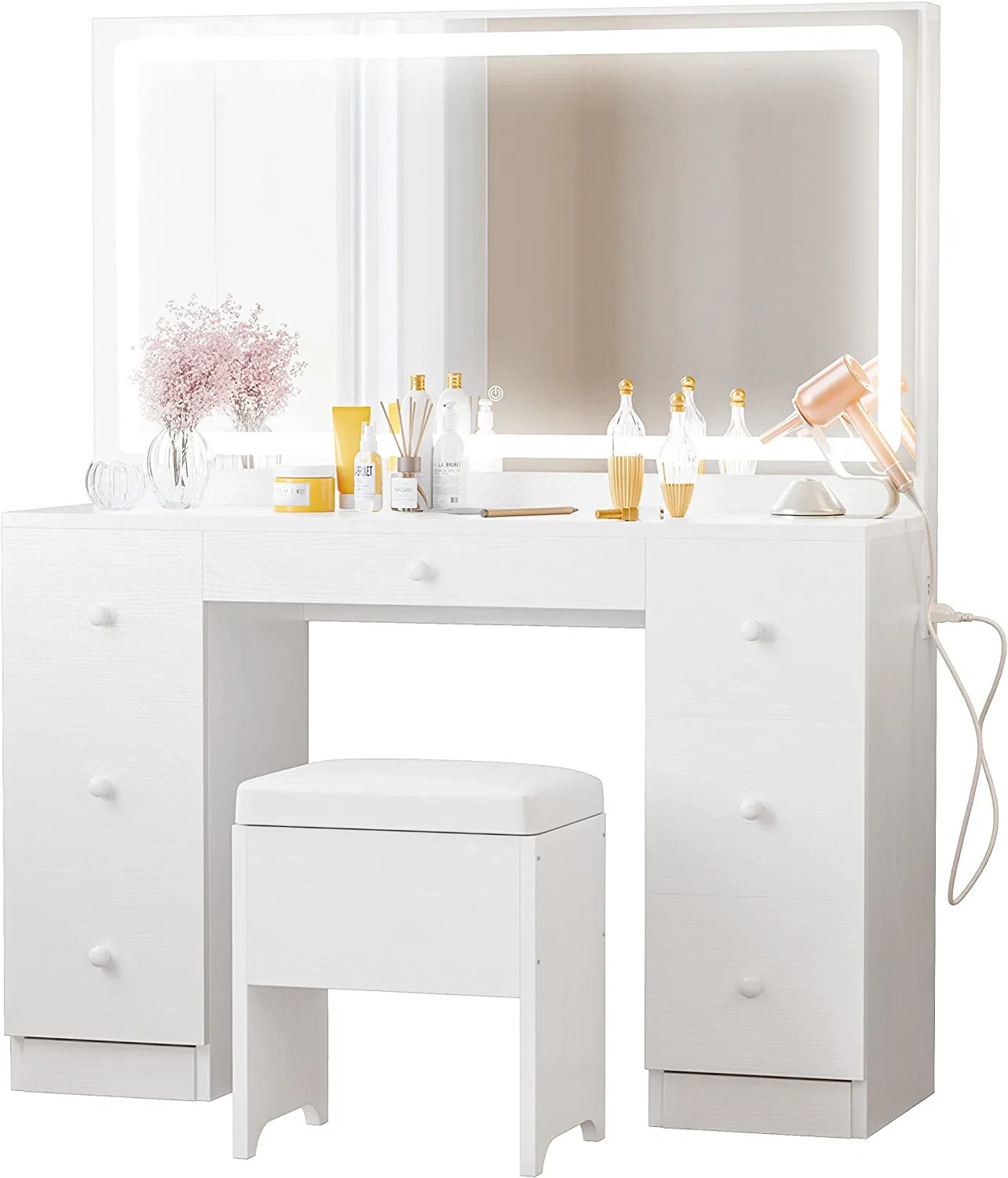 Makeup Vanity Desk with LED Lighted Mirror & Power Outlet & 7 Drawers | Wayfair North America