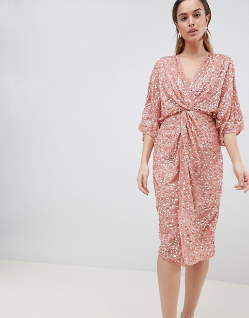ASOS DESIGN scatter sequin knot front kimono midi dress | ASOS US