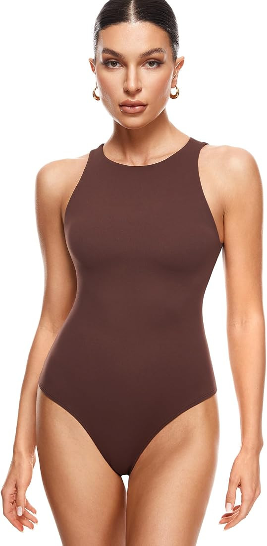 INLYRIC Women's Cloudsfit Sexy Bodysuit Thong Sleeveless Halter Racerback High Neck Tank Tops Bod... | Amazon (US)
