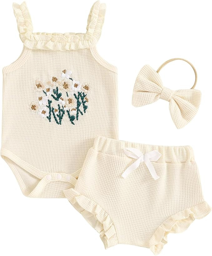 Kavousa Newborn Baby Girl Summer Clothes Floral Embroidery Hater Romper Bloomers Shorts Set Headb... | Amazon (US)