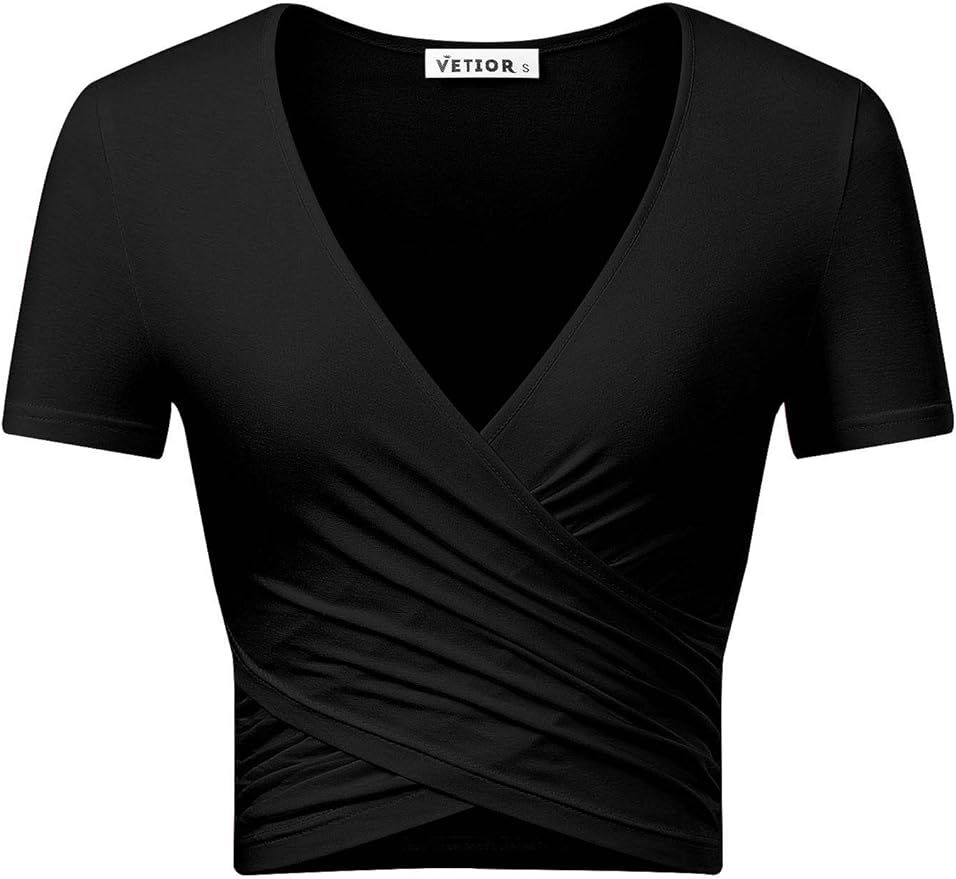 VETIOR Women's Deep V Neck Short Sleeve Unique Slim Fit Cross Wrap Shirts Crop Tops | Amazon (US)