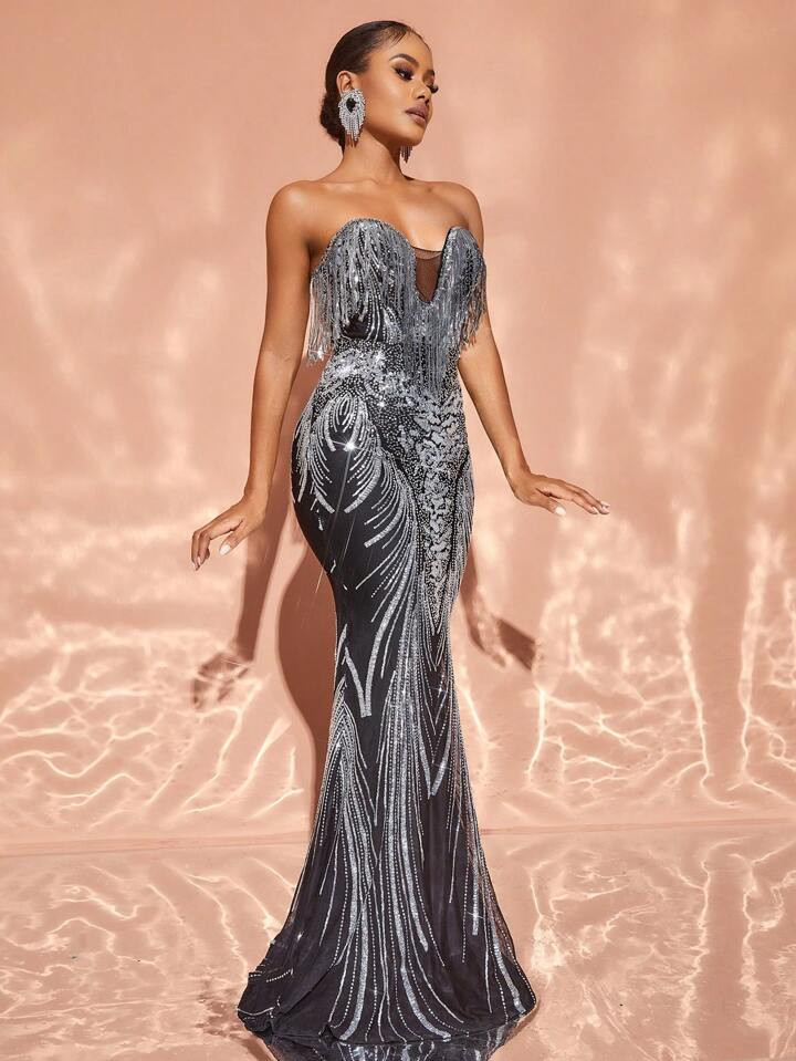 Contrast Mesh Mermaid Hem Sequin Tube Formal Dress | SHEIN